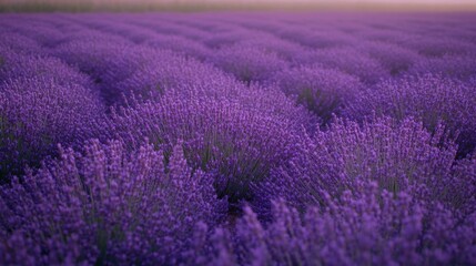 Obraz premium A field of lavender flowers stretching toward the horizon, with purple blooms swaying in the breeze.