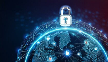 A digital lock symbolizes global cybersecurity and network protection in a connected world.