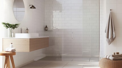 Modern Bathroom with White Tiles and Glass Shower