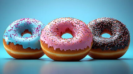 Three colorful donuts with icing and sprinkles on a blue background.