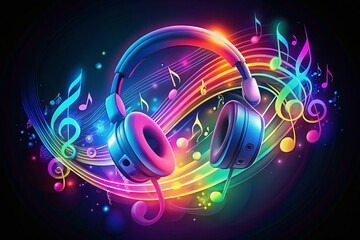 Vibrant neon-lit headphones surrounded by swirling musical notes and abstract shapes form a stylized logo, symbolizing