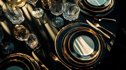 A beautifully arranged dining table features golden plates, sparkling glassware, and stylish cutlery, bathed in soft sunlight that enhances the luxurious atmosphere