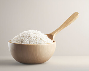 Organic rice in wooden bowl with spoon, showcasing its natural texture and simplicity. This image evokes sense of warmth and home cooking