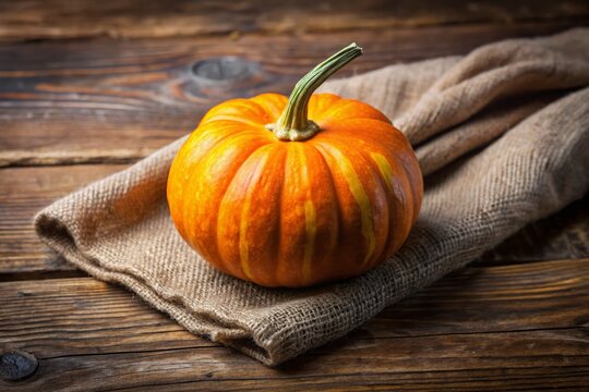 Vibrant orange auyama squash rests on a rustic wooden table, its ridged exterior and delicate stem set against