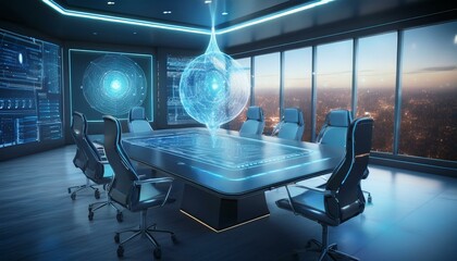 Modern conference room with high-tech features, large digital display, and panoramic city view at sunset.