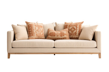 Obraz premium A welcoming 3-seater sofa in a soft, neutral hue, adorned with scatter pillows and a cozy throw blanket. Isolated on white background