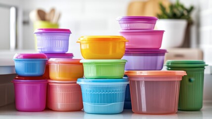 A group of colorful plastic containers stacked neatly on a kitchen shelf, showcasing their utility in organizing and storing food.