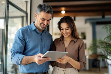 A man and woman are looking at a tablet and smiling together in the office.