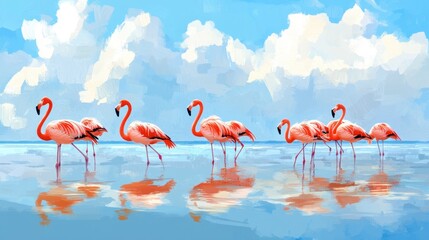 Obraz premium A group of flamingos wading in a shallow lagoon, with the water reflecting their pink feathers against a backdrop of blue sky.