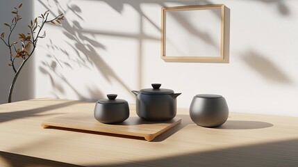 A large white picture frame hangs on the wall above a simple wooden table adorned with potted plants and cream pillows, creating a tranquil minimalist atmosphere