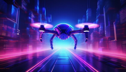 Futuristic drone flying through a neon-lit cityscape, showcasing technology and vibrant colors in a sci-fi inspired setting.