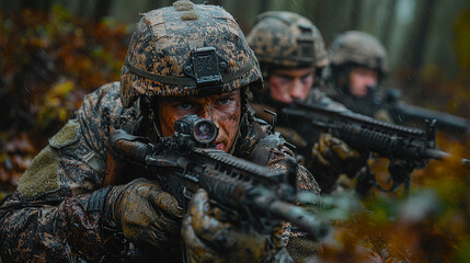 A soldier in camouflage focuses on his target in a forest.