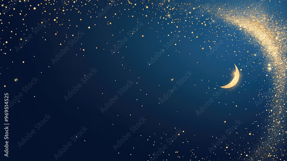 Fototapete blue background with scattered golden sparkles and a small moon with a gold cloud in the left corner