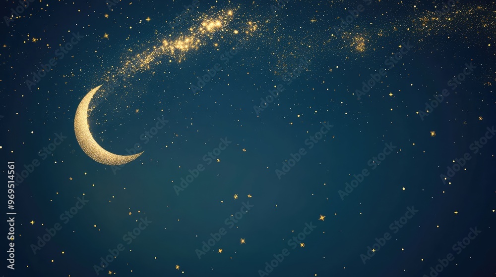 Fototapete blue background with scattered golden sparkles and a small moon with a gold cloud in the left corner