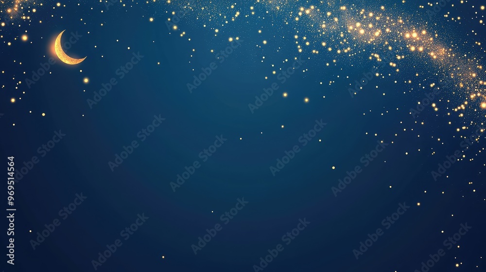 Fototapete blue background with scattered golden sparkles and a small moon with a gold cloud in the left corner
