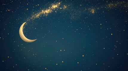 Fototapeta premium Blue background with scattered golden sparkles and a small moon with a gold cloud in the left corner. Ideal for an elegant and minimalist Mid-Autumn Festival poster