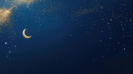 Blue background with scattered golden sparkles, a small moon, and a gold cloud in the left corner. Clean and elegant for a Mid-Autumn Festival poster design
