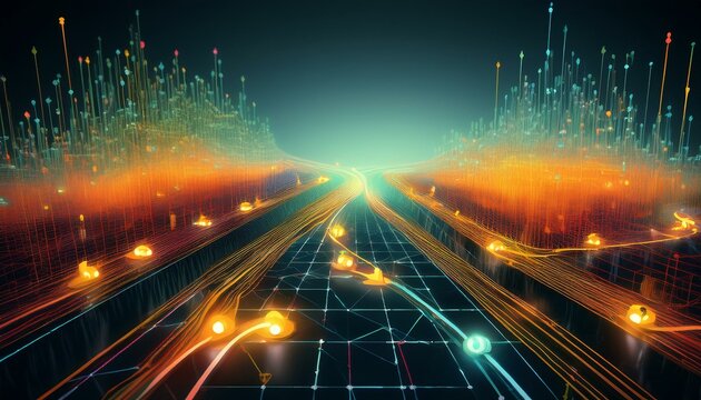 A vibrant digital landscape featuring glowing lines and data points, representing the flow of information and technology.