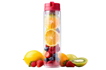 A water bottle with a built-in fruit infuser to add flavor to your water, isolated on a white background.