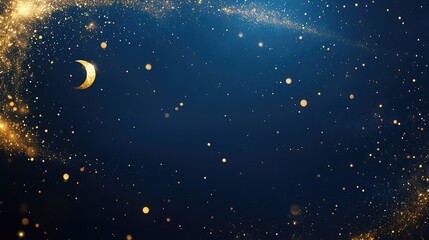 Fototapeta premium Elegant blue background with shimmering golden sparkles, a small moon, and a gold cloud placed in the left corner. Ideal for a sophisticated Mid-Autumn Festival poster
