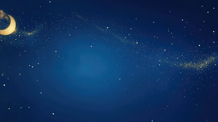 Fototapeta premium Minimal blue backdrop with golden sparkles, a small moon, and a gold cloud in the left corner. Ideal for a clean and stylish Mid-Autumn Festival poster