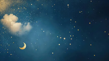 Naklejka premium Minimalistic blue backdrop with golden sparkles scattered throughout, a small moon, and a gold cloud in the left corner. Suitable for a stylish Mid-Autumn Festival poster