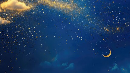 Simple blue background with golden sparkles, featuring a small moon and a gold cloud in the left corner. Clean design for a Mid-Autumn Festival poster