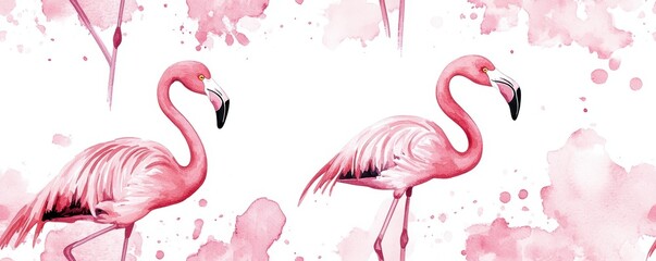 Naklejka premium Vibrant watercolor illustration of pink flamingos set against a soft, abstract background, perfect for tropical themes.