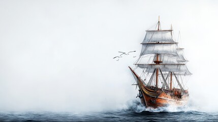 Obraz premium A majestic ship sails through misty waters, capturing the essence of adventure and tranquility at sea.