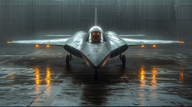 A sleek, silver fighter jet sits on a runway in the rain.