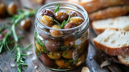 A jar of marinated olives, with herbs and garlic cloves visible, sitting on a rustic table alongside bread.