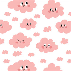 Children illustration. Childrens seampess pattern with smiling clouds on white background. Children illustration. Vector illustration