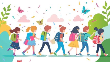 Fototapeta premium colorful illustration of children walking cheerfully in nature, surrounded by butterflies and foliage, perfect for educational themes.
