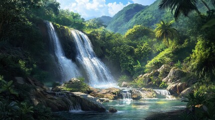 Fototapeta premium A jungle waterfall surrounded by lush greenery, with crystal-clear water cascading over the rocks.
