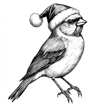 recommend clip art: Black and white Vintage engraved art of a Goldfinch wearing a Christmas Santa hat, isolated on white background, ink sketch illustration, simple vector art design, highly detailed line art