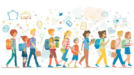 Fototapeta premium colorful illustration of students walking with backpacks, surrounded by various icons representing education and learning.