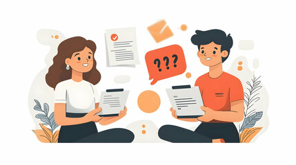Two people discussing documents with question marks and notes in a creative setting.