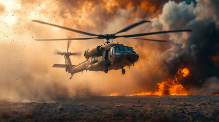 Military helicopter flies through a fiery sky.