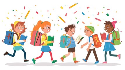 Fototapeta premium joyful group of schoolchildren walking together, celebrating with colorful confetti and carrying backpacks, embodying youthful spirit.