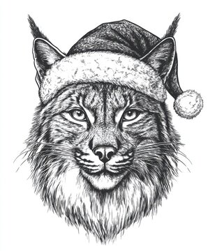 recommend clip art: Black and white Vintage engraved art of a lynx wearing a Christmas Santa hat, isolated on white background, ink sketch illustration, simple vector art design, highly detailed line art