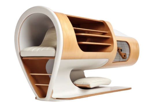 A wall-mounted cat house that looks like a piece of art, with a sleek design and hidden storage compartments. Isolated on white background