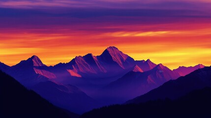 A majestic mountain range silhouetted against a vivid sunset sky, with colors transitioning from orange to purple.