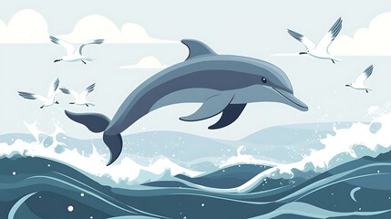 Obraz premium Minimalistic Illustration of a Gray Dolphin Leaping Amid White Seagulls in Flat Design Style with Clean Color Blocks and High Detail