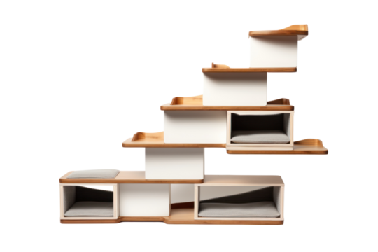 A wall-mounted cat climbing structure with shelves, ramps, and scratching posts, isolated on white background