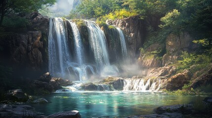 A majestic waterfall cascading over rocky cliffs into a clear, sparkling pool below, surrounded by...