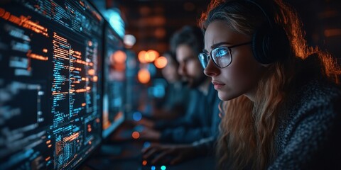 AI cybersecurity and digital risk analysis by diverse IT team focusing on consumer data protection and software development in an innovative dark office space