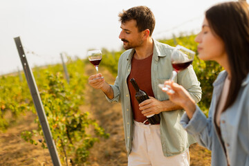 A joyful couple enjoying wine tasting together in a sunny vineyard during the golden hour, surrounded by lush green grapevines