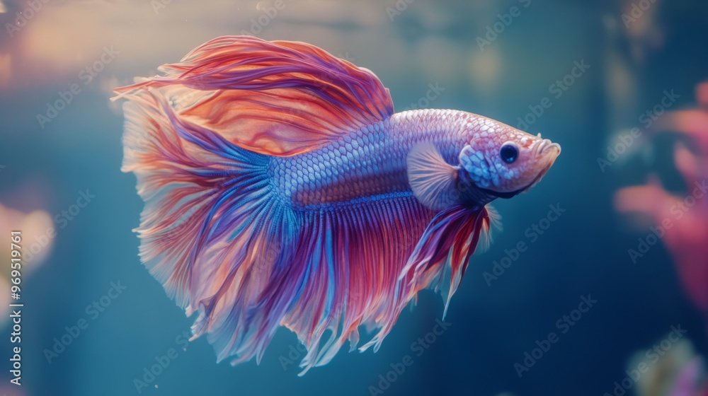 Poster detailed shot of a betta fish with elaborate fins and vivid hues, showcasing its intricate patterns 