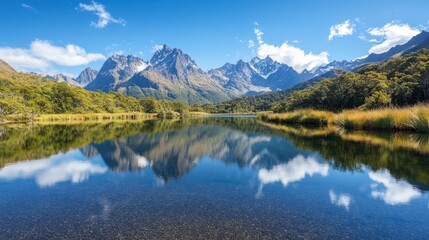 A mountain lake reflecting the surrounding towering peaks, with crystal-clear water and blue skies above.