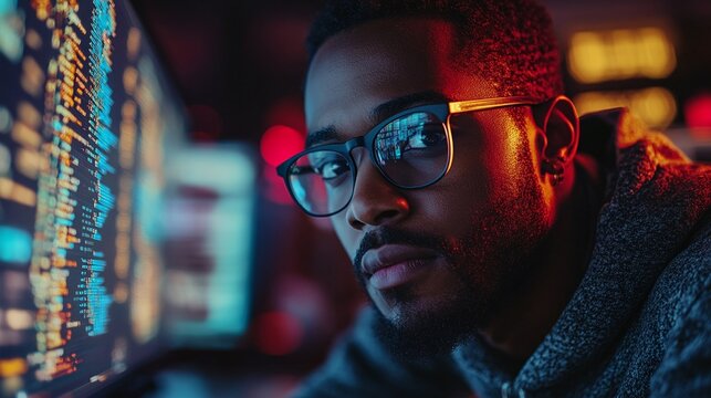dark office setting with diverse IT specialists and African male developer working on AI cybersecurity coding and analyzing online data risk threats